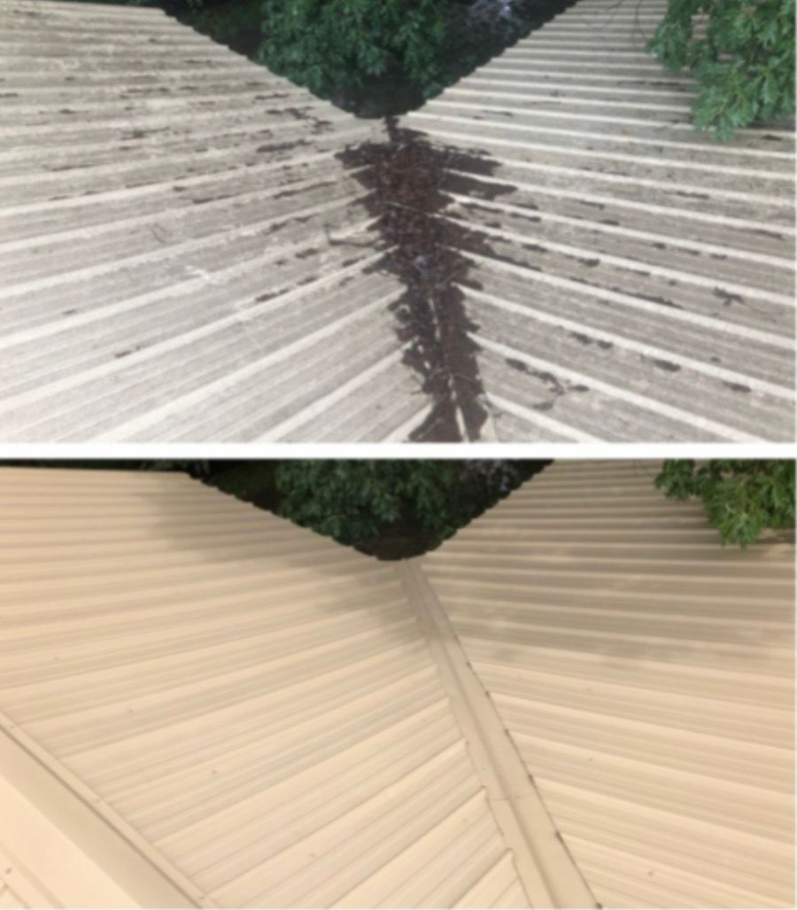 Before-and-after view of a corrugated roof seam, showing dirty gray panels above and cleaned beige panels below.