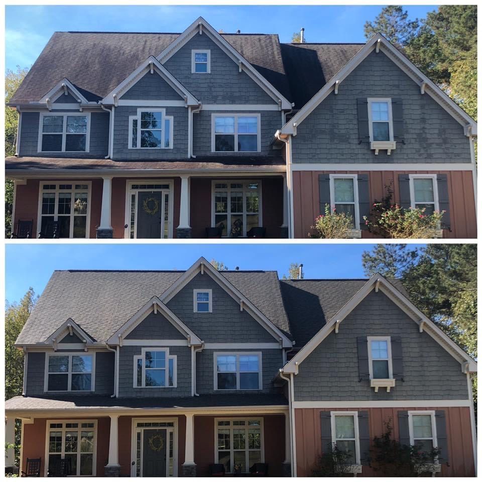 Two similar views of a gray suburban house with white trim and red doors, shown stacked one above the other