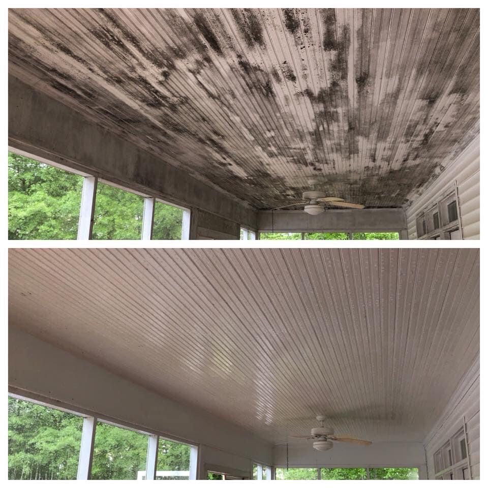 Ceiling before and after repair: stained damaged surface above windows, then clean white finished ceiling with fan