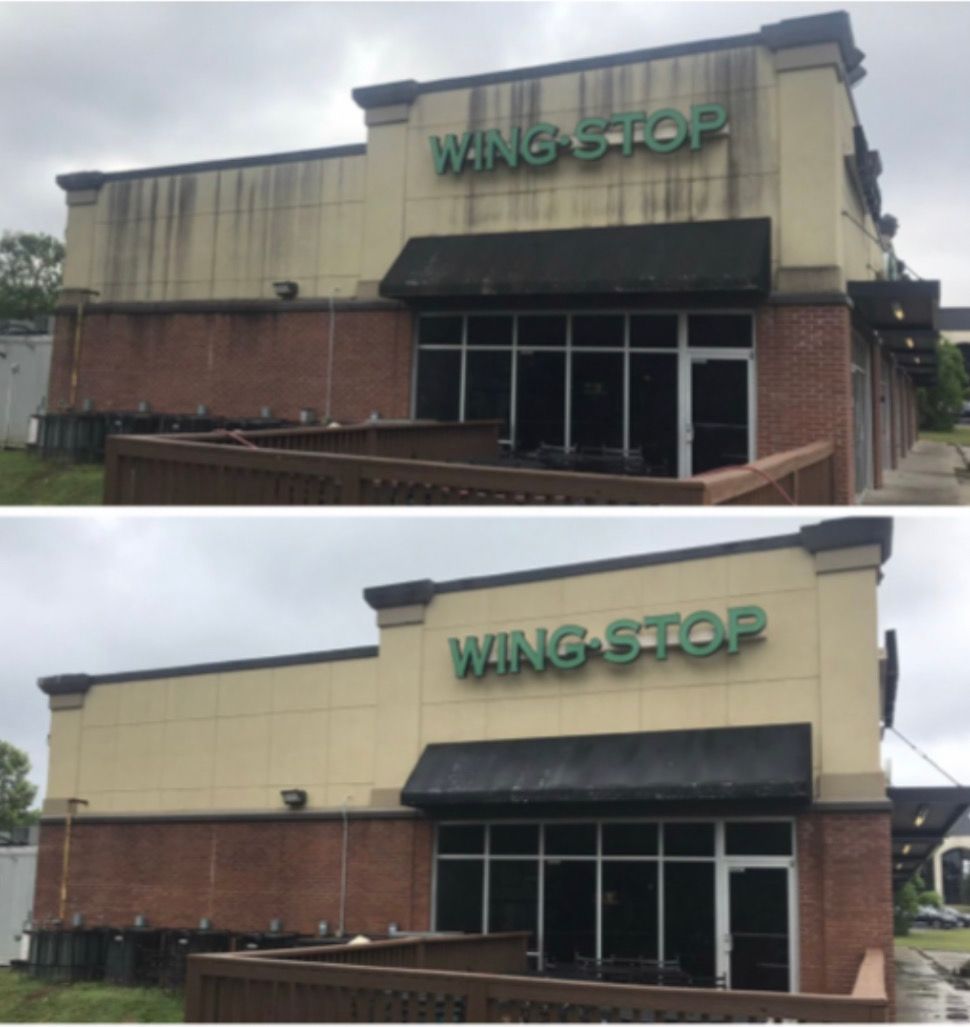 Two photos of a Wingstop storefront with brick and tan exterior, shown before and after cleanup.