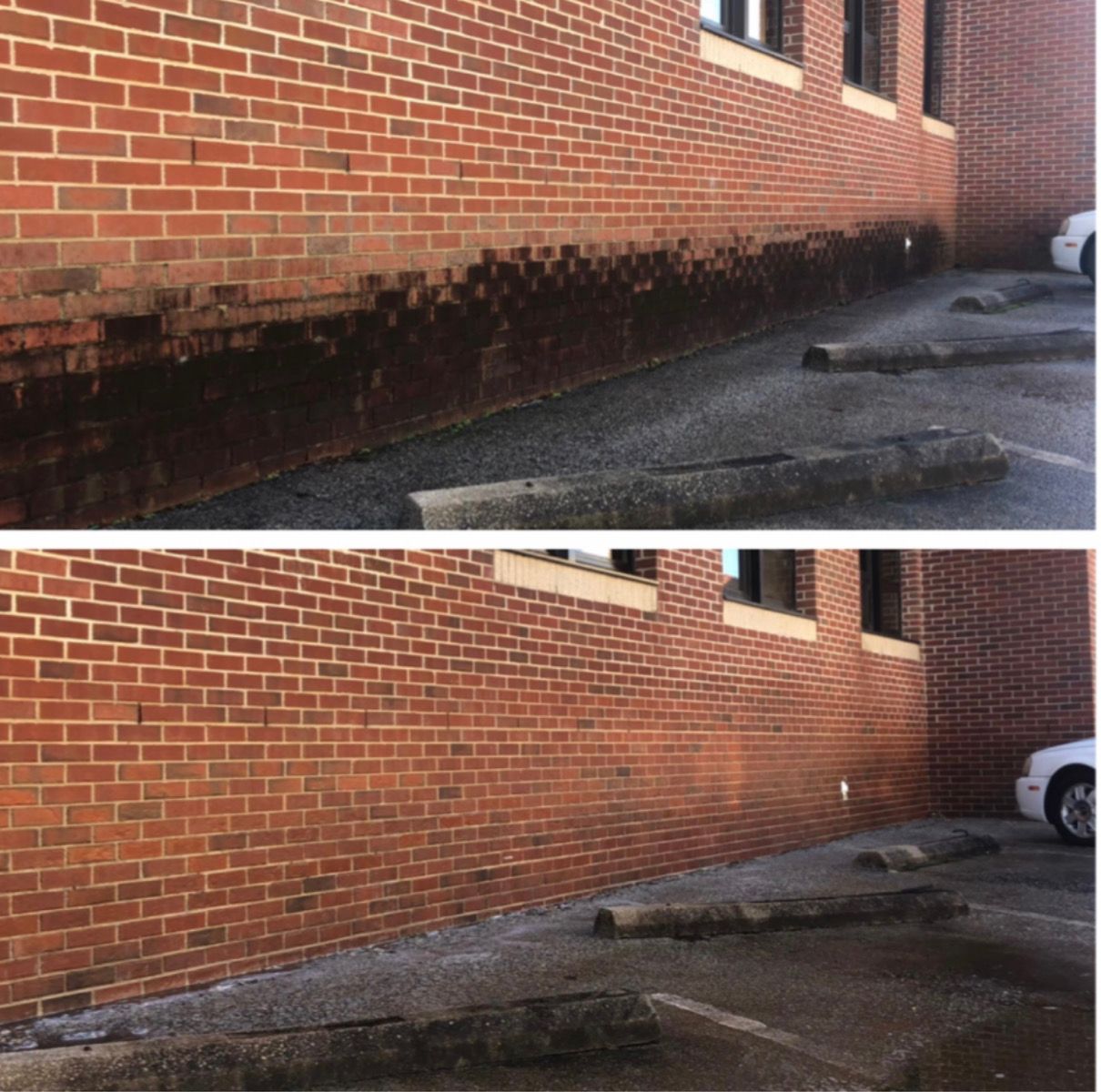 Brick building wall with dark water stains along the base and a wet pavement beside it.