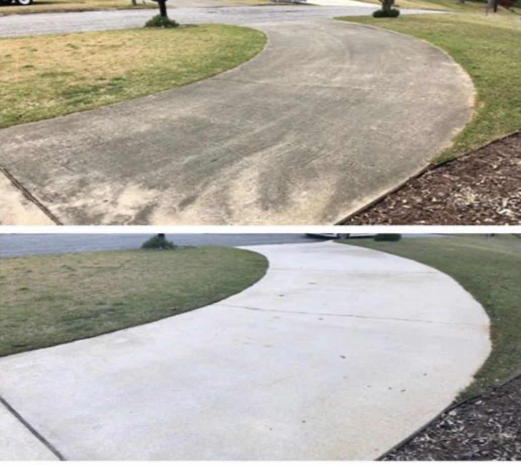 Before-and-after view of a curved concrete sidewalk, weathered gray above and newly resurfaced white below.