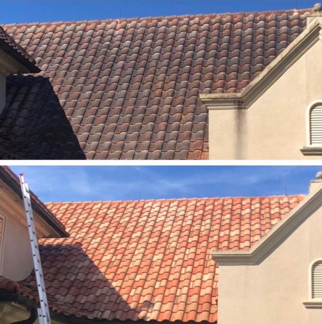 Before-and-after view of a terracotta-tiled roof, with the lower roof brighter and cleaner than the upper one