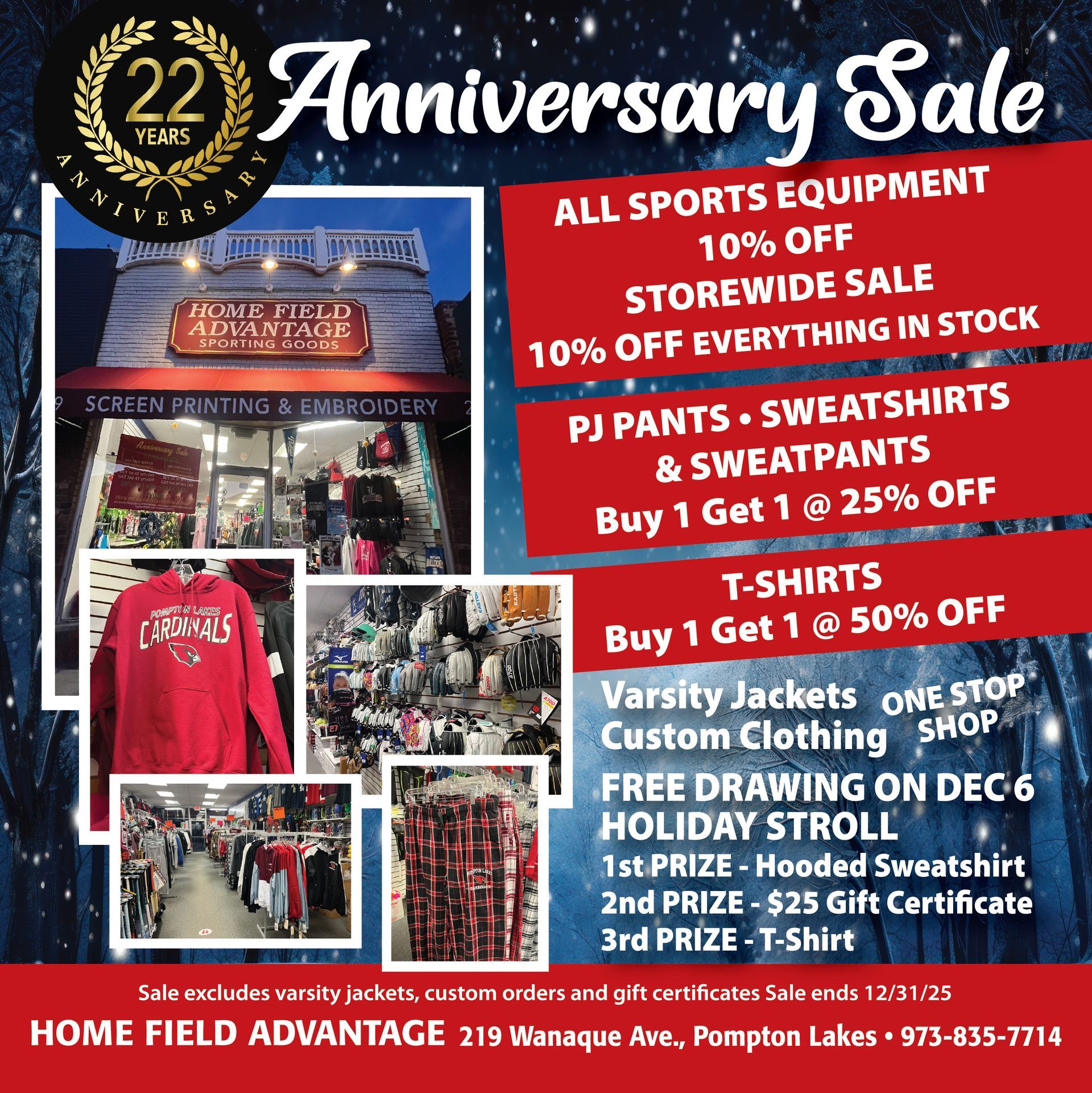 Home Field Advantage Anniversary Sale ad: 10% off sports equipment & storewide. BOGO deals on apparel. Drawing on Dec 6 for prizes.