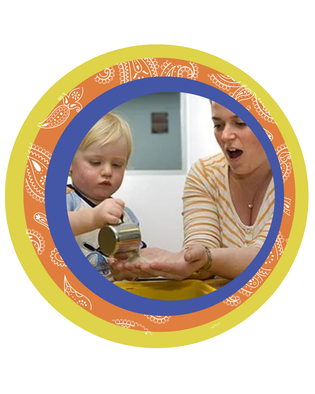 Adult and child pouring ingredients together in a kitchen, framed by a colorful circular border