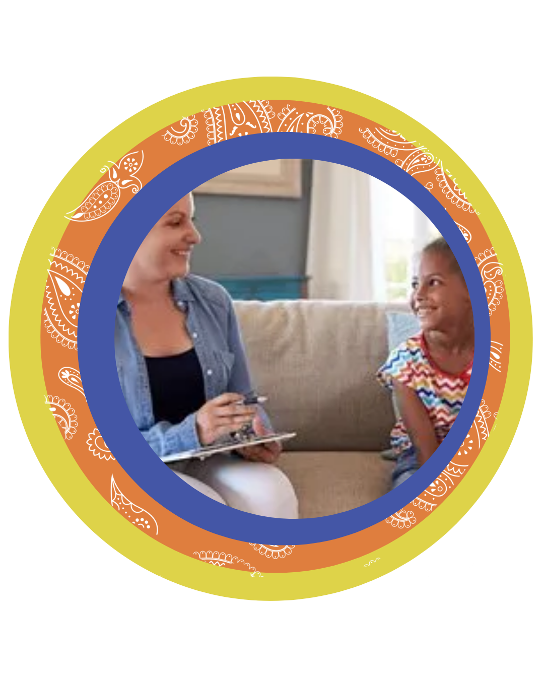 Two people talking on a couch, framed by colorful circular borders.