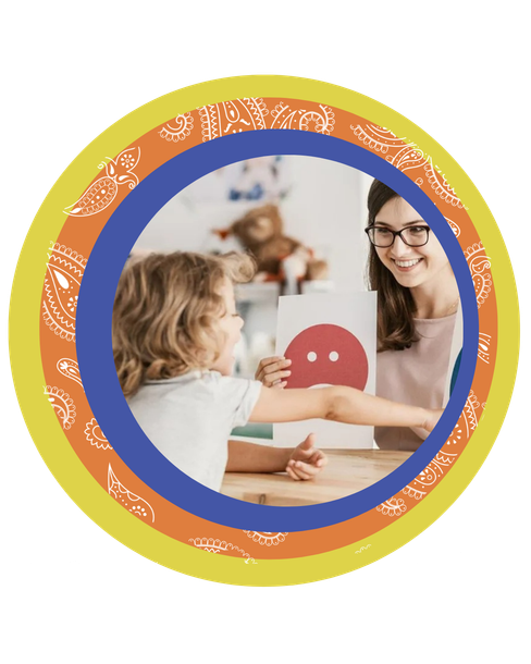 Learn more about occupational therapy Therapist and child playing with a toy in a colorful circular frame