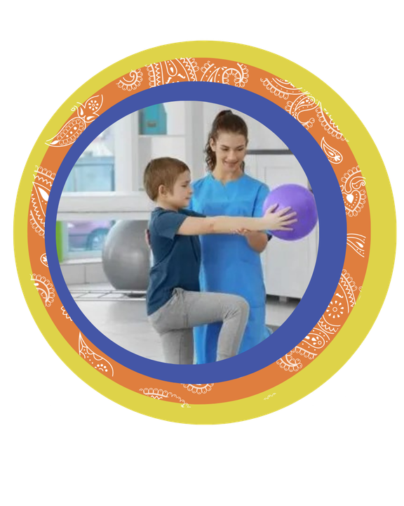 Learn more about physical therapy Woman and child exercising with a purple ball in a colorful fitness studio