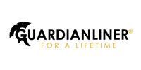 Logo for GuardianLiner with a black Spartan helmet icon, black text, and the tagline 