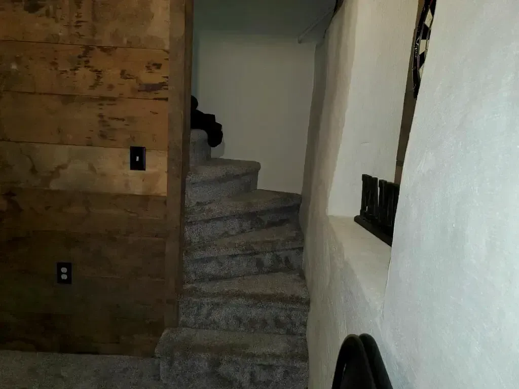A narrow staircase with gray carpet leads upward between a wooden wall and a white, textured wall in a dimly lit room.