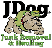 JDog Junk Removal & Hauling logo with a cartoon bulldog in a green cap and spiked collar