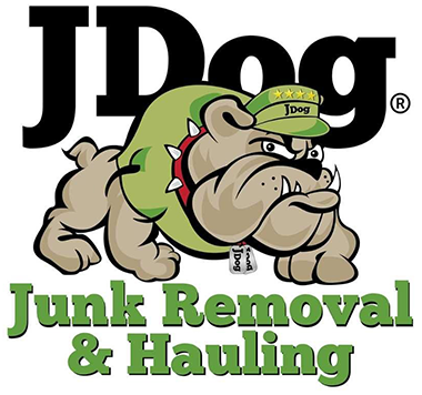 JDog Junk Removal & Hauling logo with a cartoon bulldog in a green cap and spiked collar