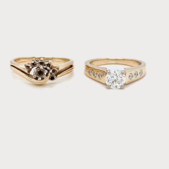 Two gold rings: one with a floral-shaped stone setting, the other with a large round diamond and smaller side stones.
