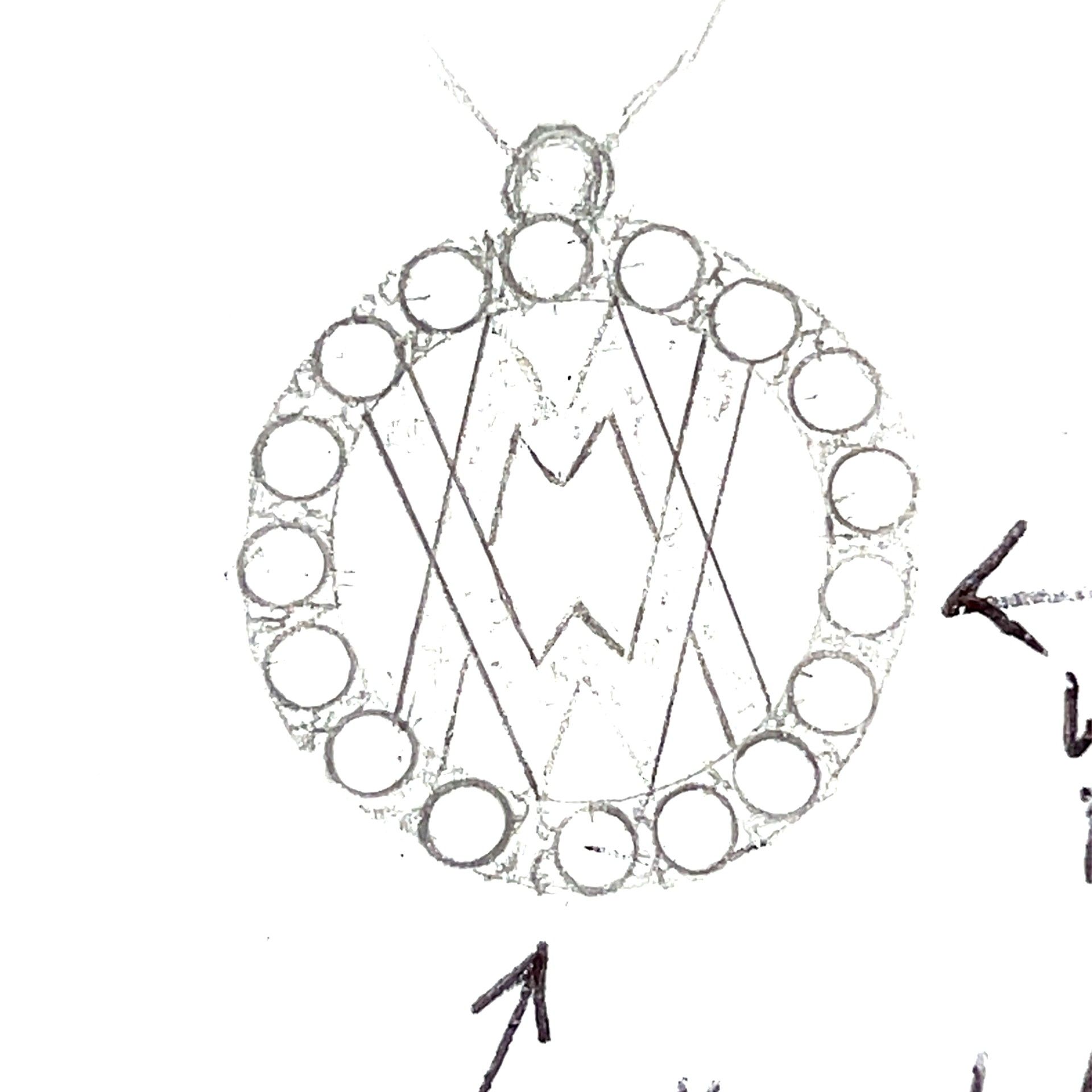 Pendant necklace design with a circular outline studded with gems, surrounding a stylized 