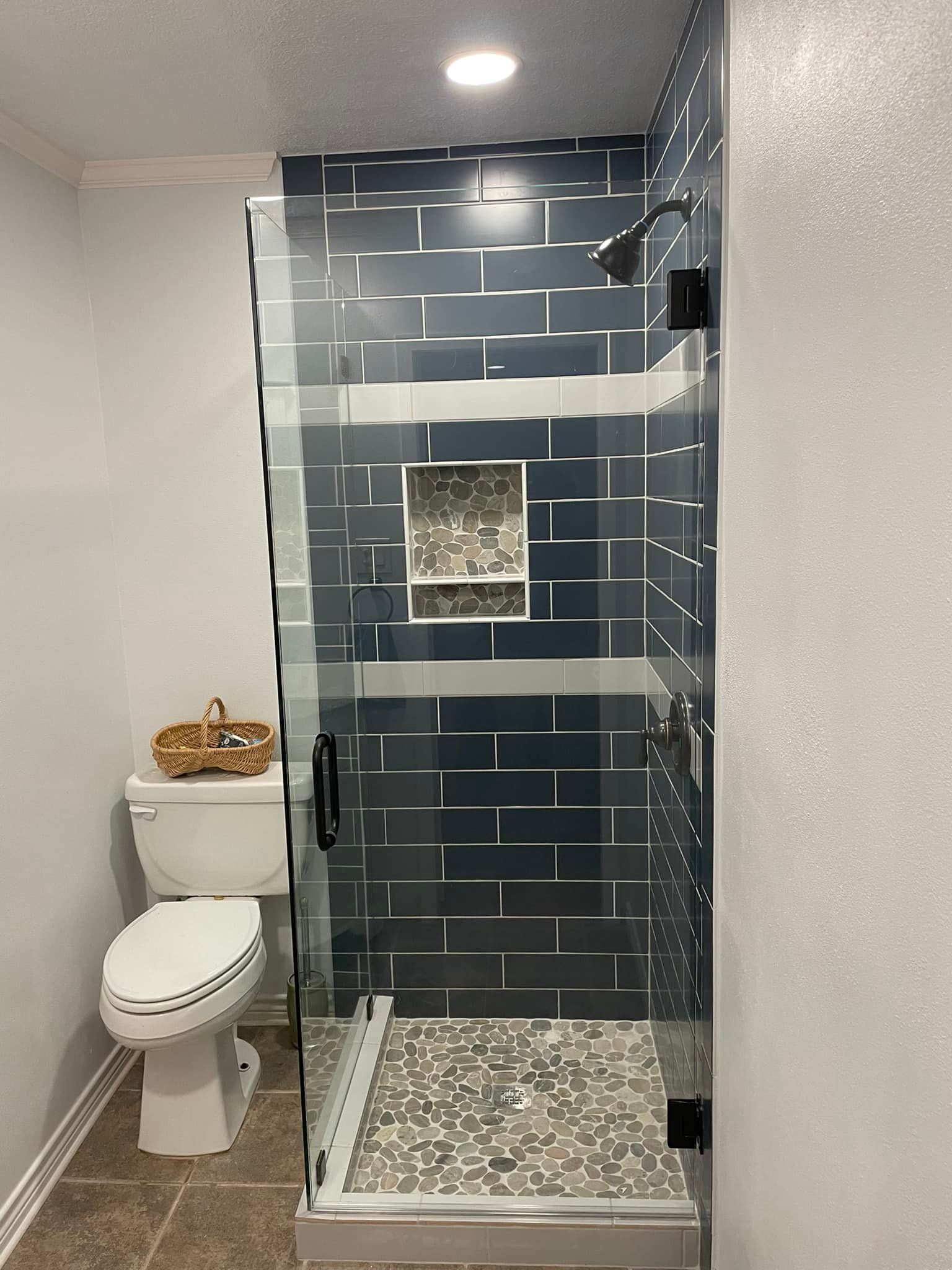 A bathroom with a toilet and a walk in shower.