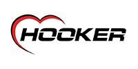 HOOKER logo in black with a red heart-shaped swoosh on a white background