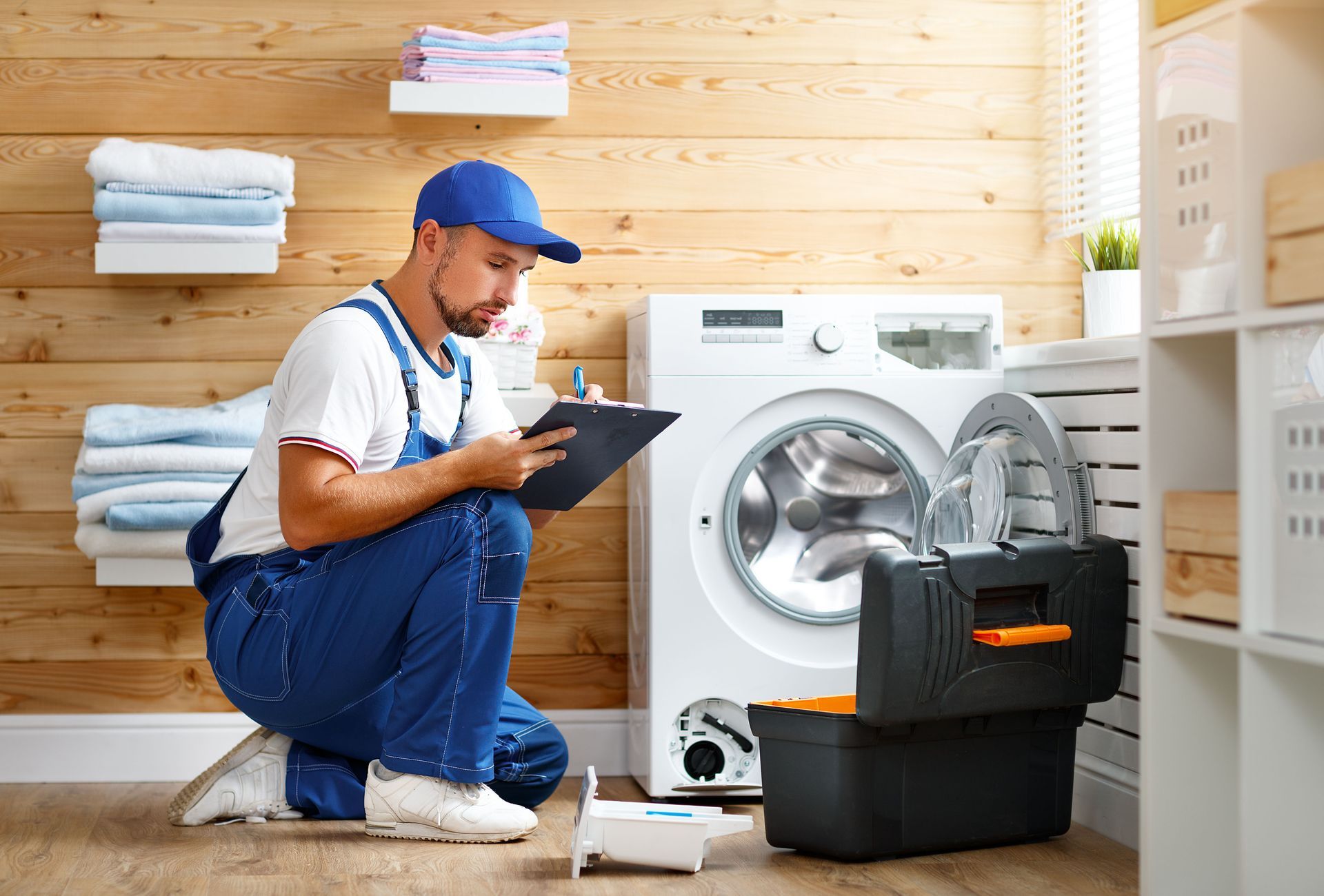 Man in blue overalls checks a washing machine, with toolbox nearby, in a laundry room.