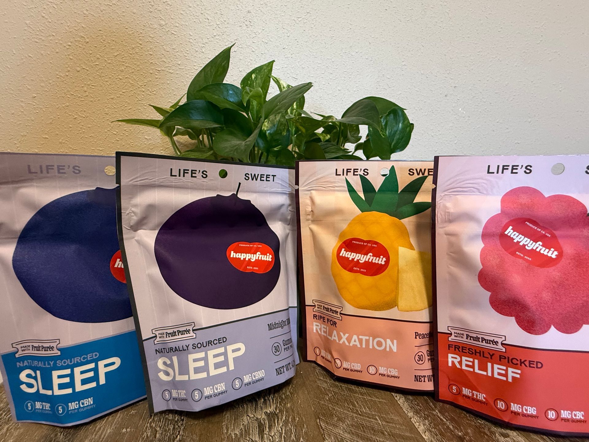 Four Life6 sleep supplements in blue, gray, beige, and pink pouches lined up on a table, with a plant behind them