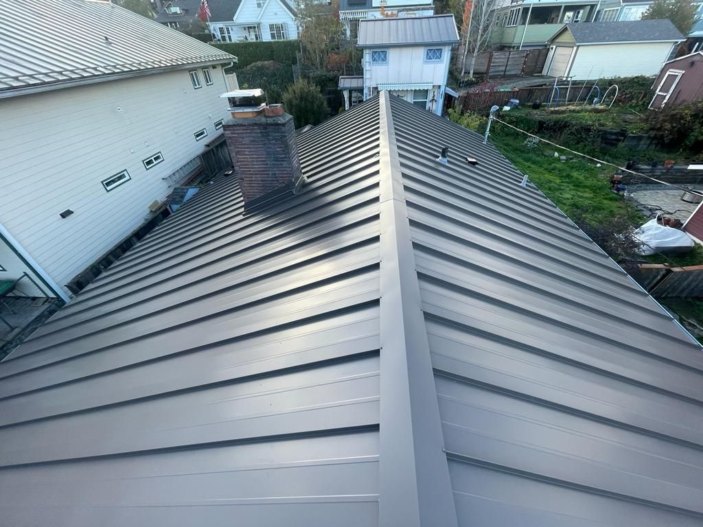 The roof of a house with a metal roof and a chimney.