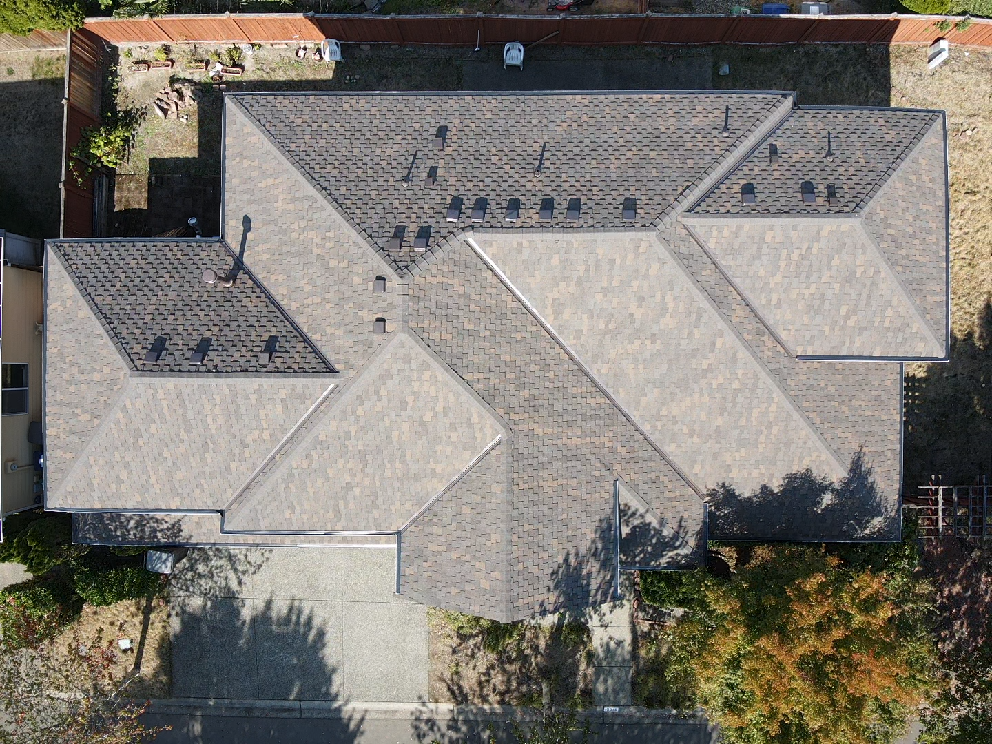 An aerial view of the roof of a house