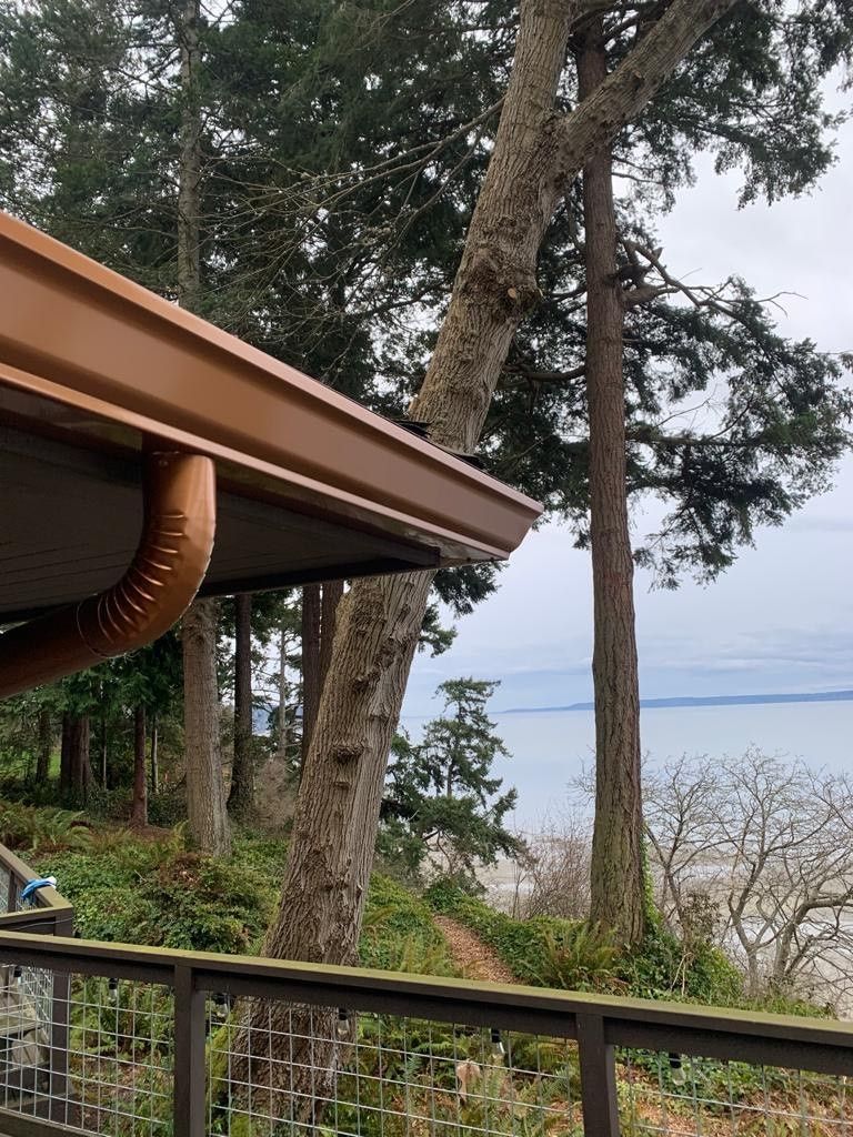 A view of the ocean from a deck with trees in the background