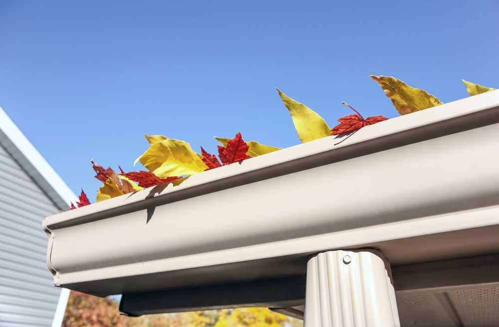 A gutter with leaves on it and a blue sky in the background