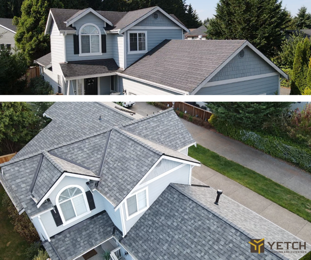 Two views of a blue house with gray roof shingles. Top view is eye-level, bottom is aerial.