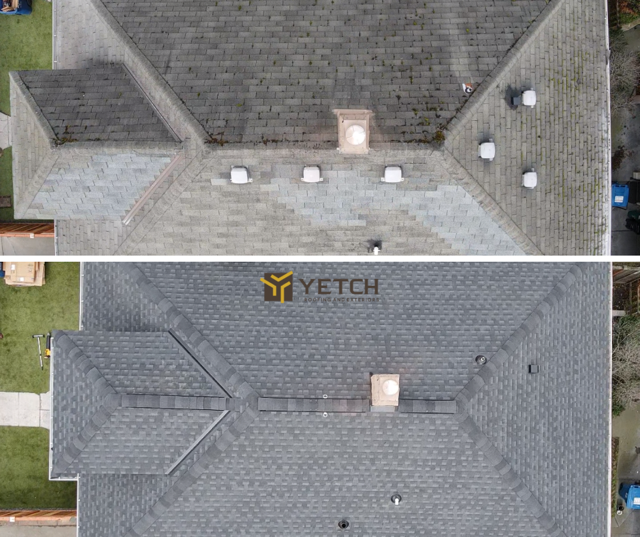 Side-by-side view: a dirty roof (top) and cleaned roof (bottom) on a house. Comparison showing before and after cleaning.