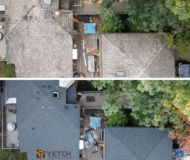 Top: Before roof, bottom: After roof. Gray shingle roof replaced with dark gray shingles. Backyard setting.