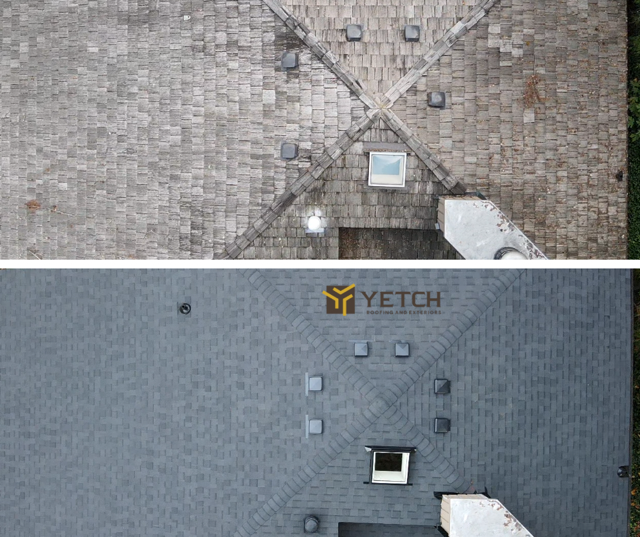 Top and bottom aerial view of a roof before and after cleaning. The after is a darker, cleaner version of the before.