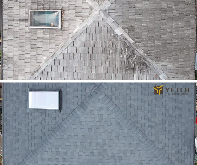 Comparison of a weathered roof and a newly cleaned dark gray roof.