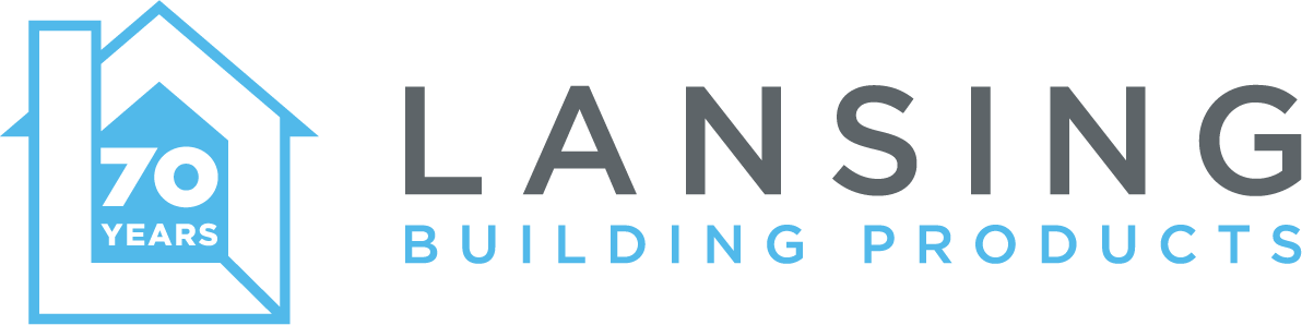 The logo for lansing building products has a blue house on it.
