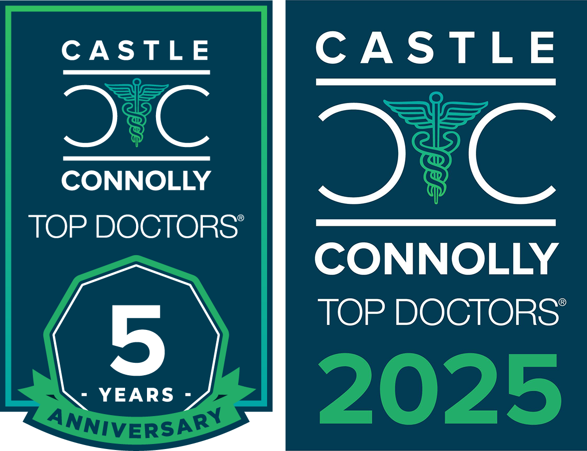 Left: Castle Connolly Top Doctors 5-year anniversary badge. Right: Castle Connolly Top Doctors 2025 badge.