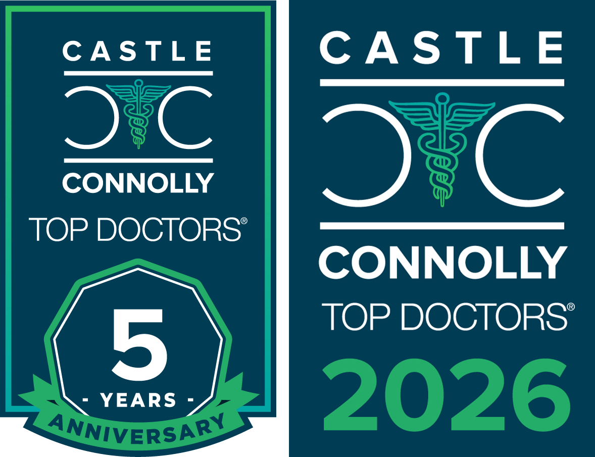 Left: Castle Connolly Top Doctors 5-year anniversary badge. Right: Castle Connolly Top Doctors 2026 badge.