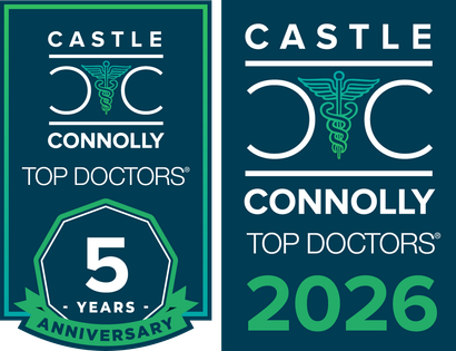 Left: Castle Connolly Top Doctors 5-year anniversary badge. Right: Castle Connolly Top Doctors 2026 badge.