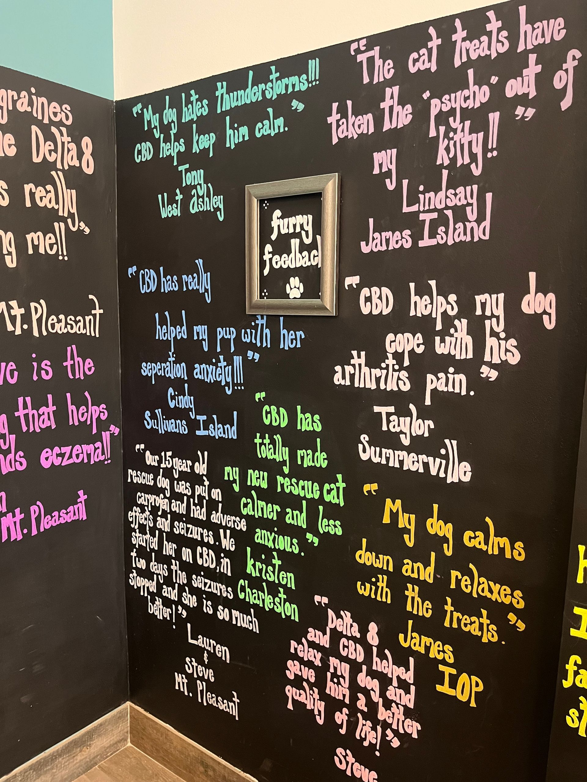 A chalkboard wall with lots of writing on it