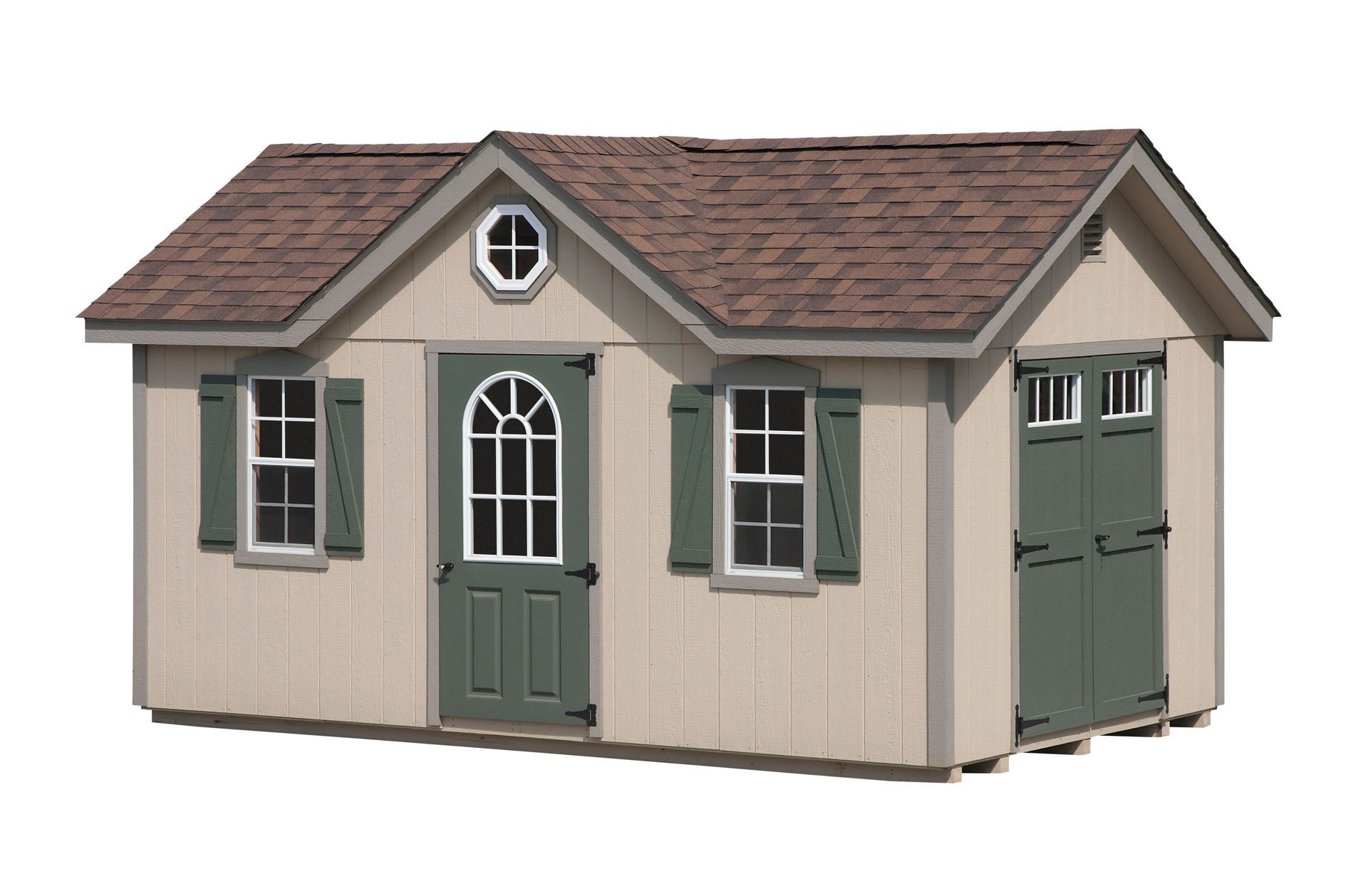 Beige shed with brown roof and green shutters and door.