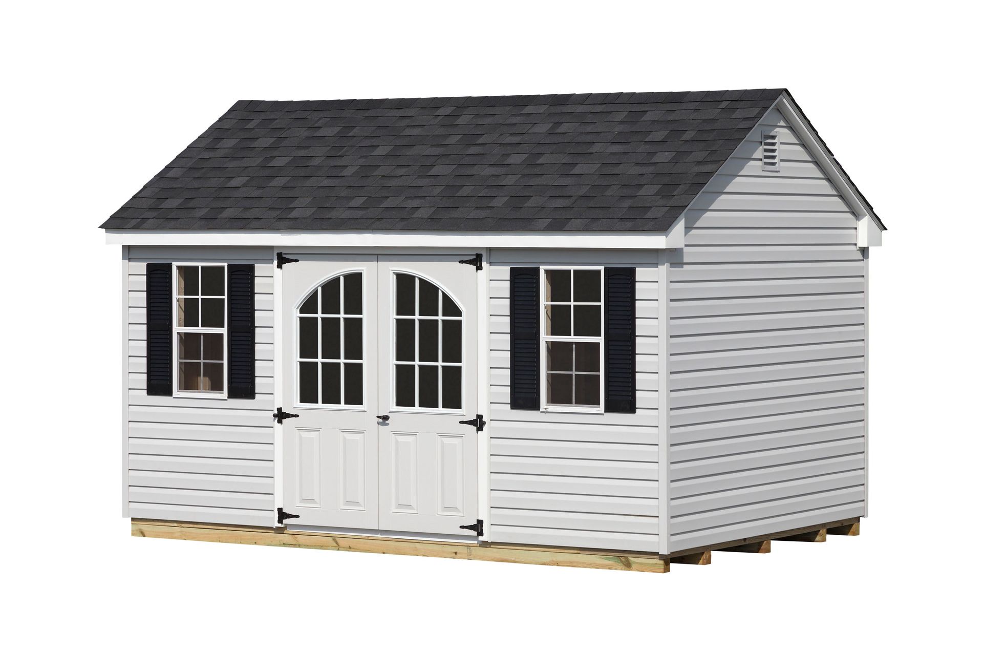 Light gray shed with black roof, shutters, and double doors. Set on a wooden base.
