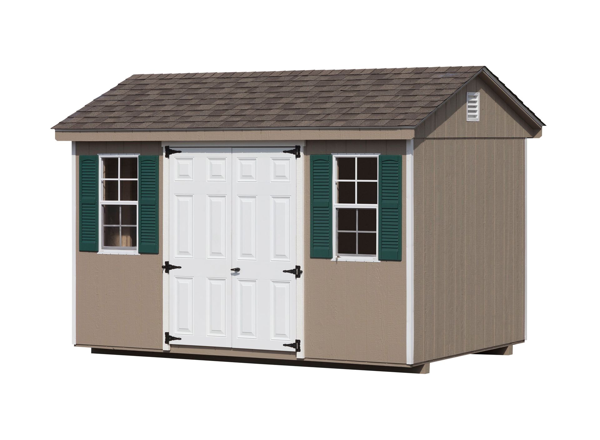 Tan shed with brown roof, white doors, green shutters, and two windows.