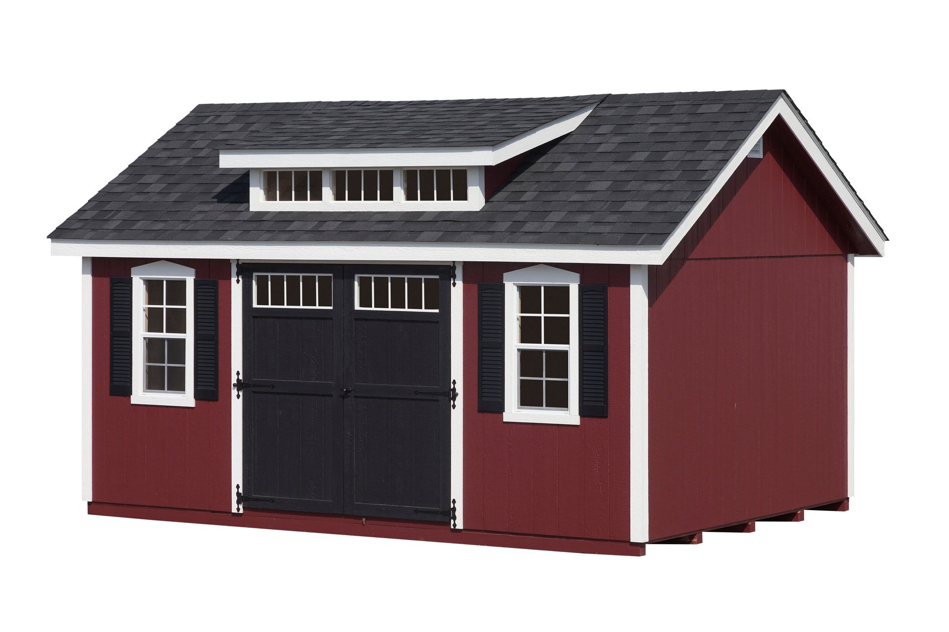 Red shed with black doors, white trim, and a dormer.