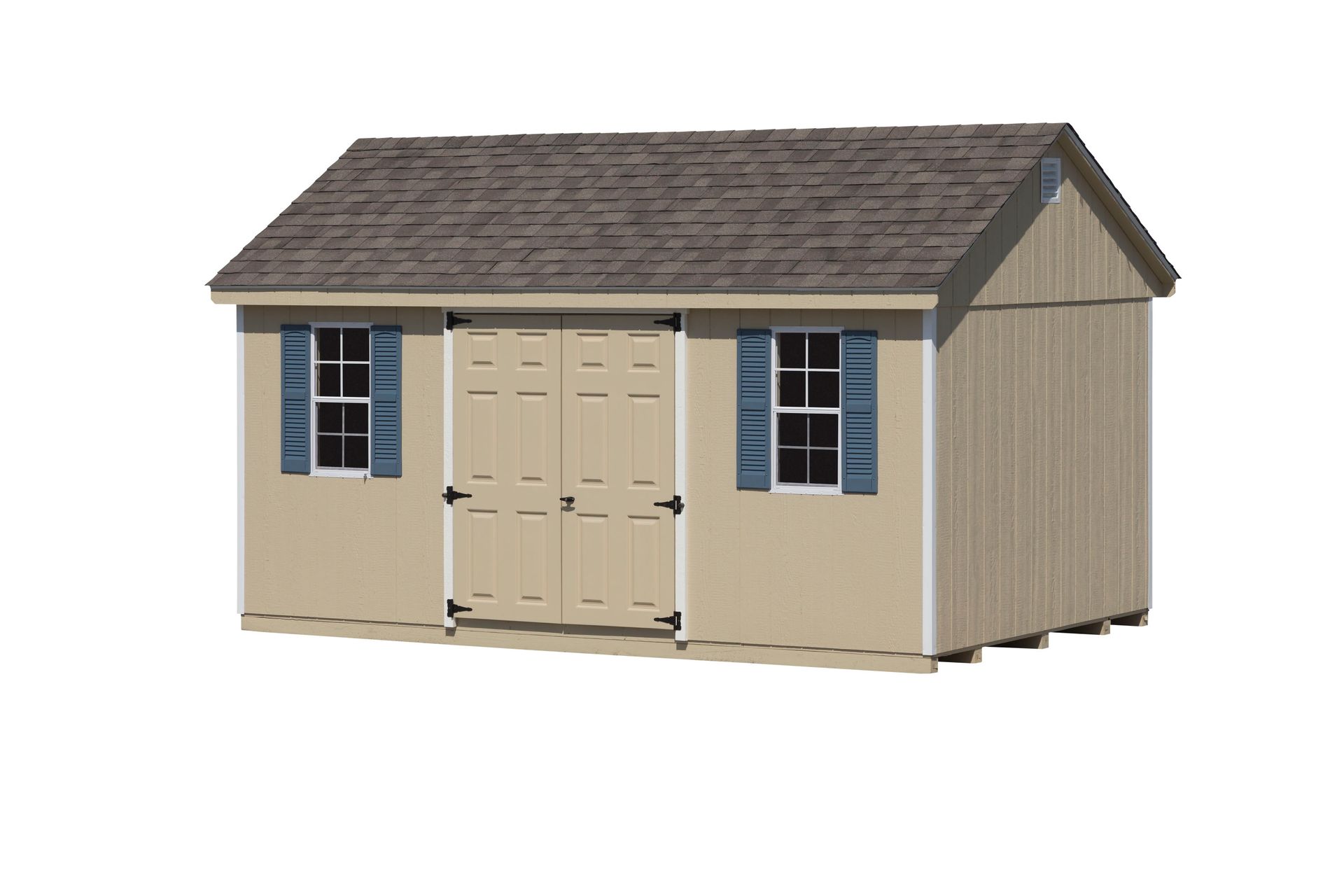 Beige storage shed with brown roof, blue shutters, and double doors.