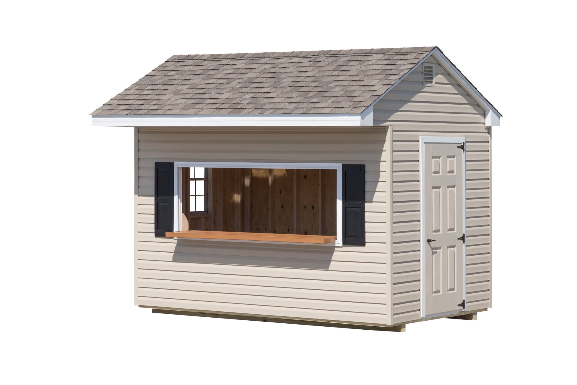 Tan shed with open window and dark shutters. Beige door on right, brown shingle roof.