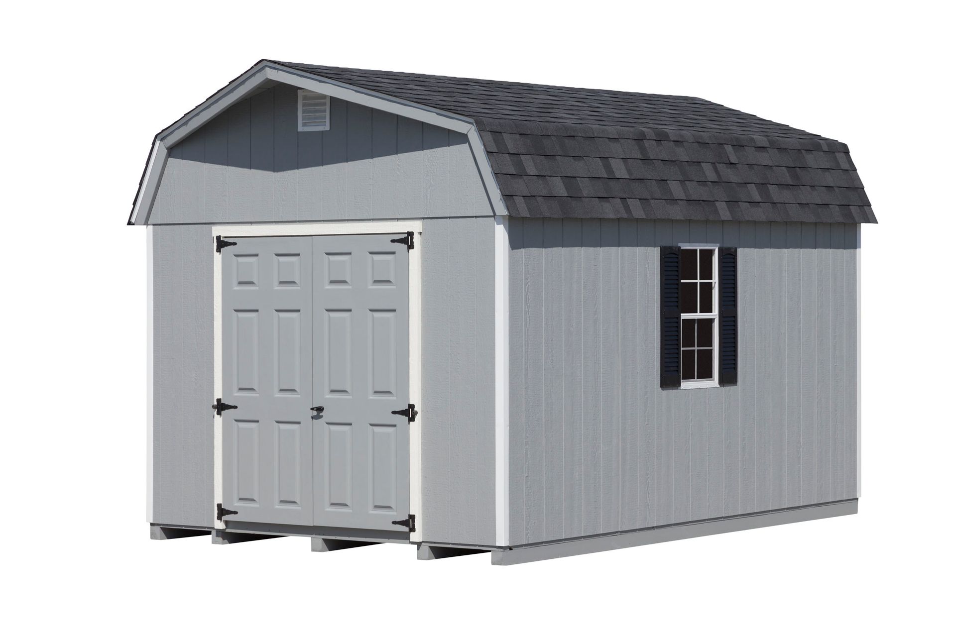 Gray storage shed with barn-style roof, double doors, and a small window.