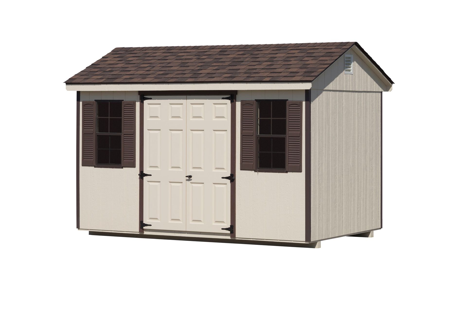 Tan wooden shed with brown roof and shutters, double doors.