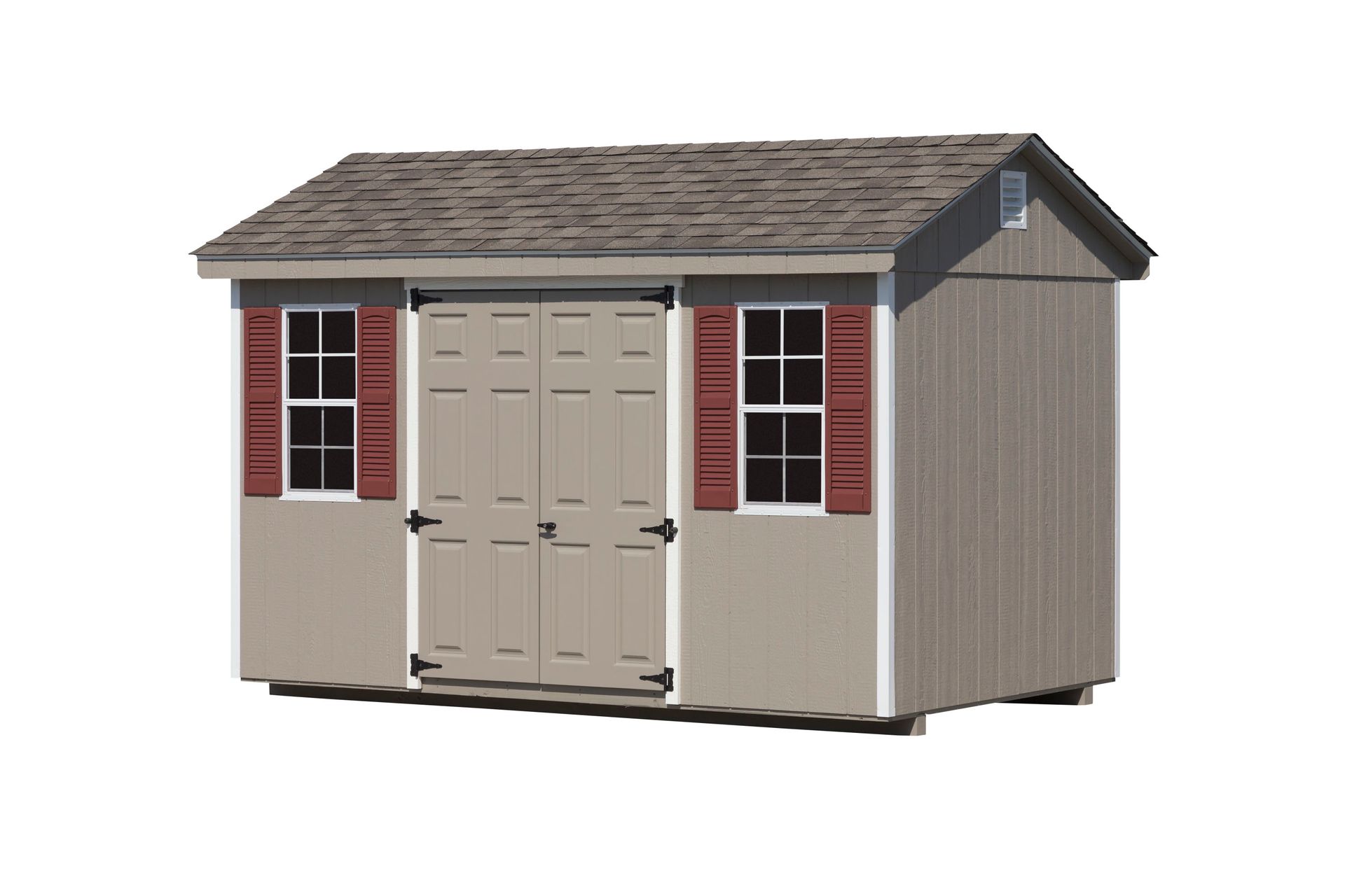 Tan wooden shed with a brown roof, two windows with red shutters, and double doors.