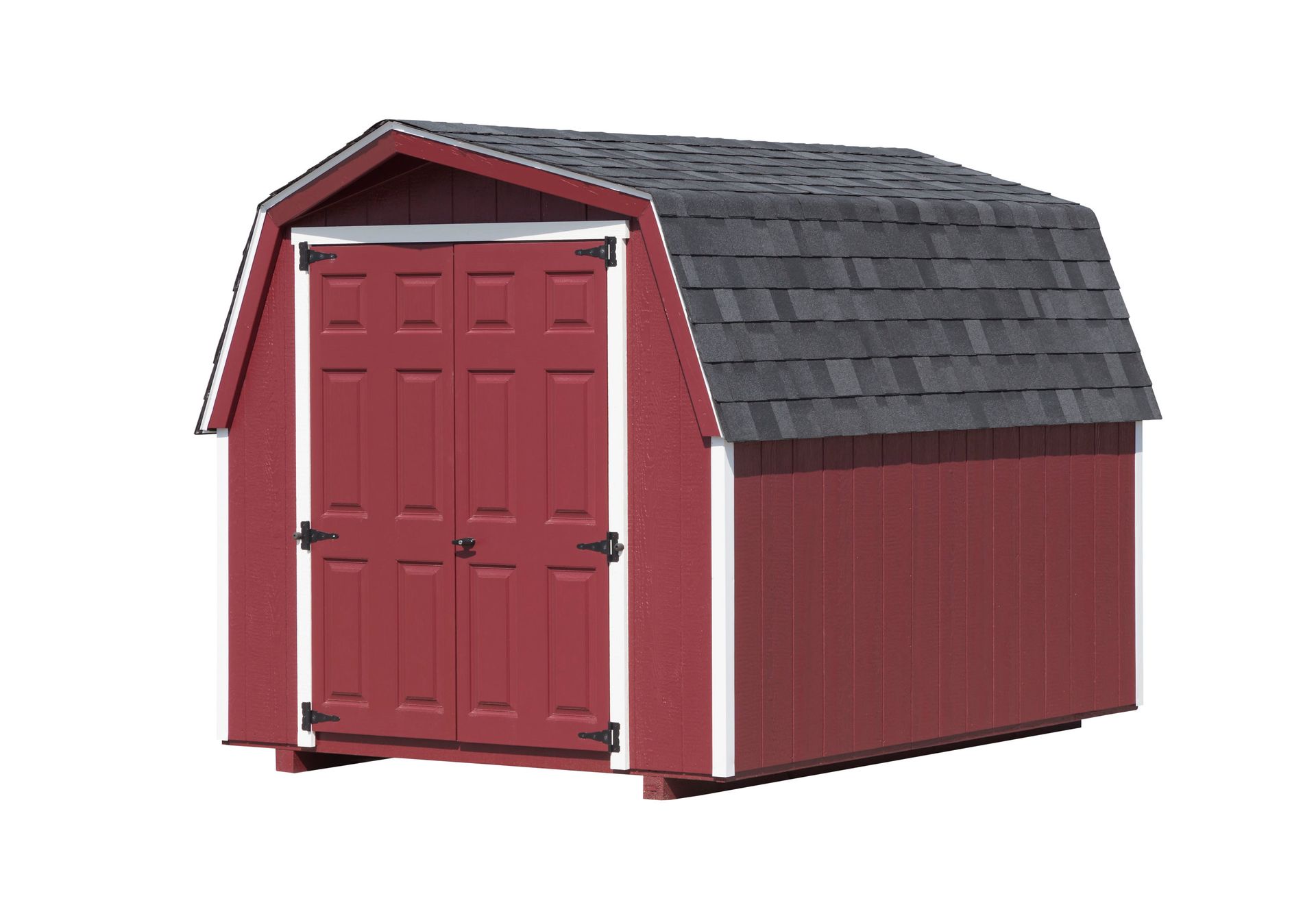 Red barn-style shed with black roof and double doors. White trim.