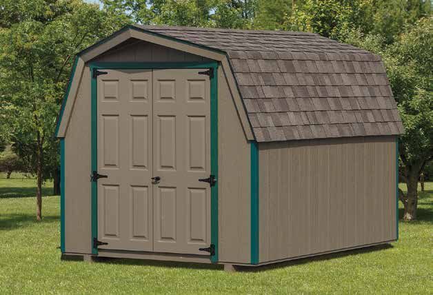 Tan and brown storage shed with a gambrel roof in a grassy yard.