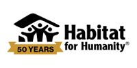 Habitat for Humanity logo with black figures in a house and gold “50 years” banner