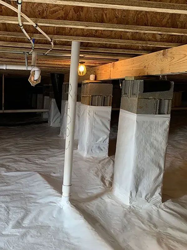Crawlspace with white plastic vapor barrier, concrete supports, exposed wooden joists, and a hanging work light