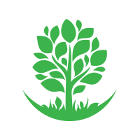 Green tree with many leaves and grass on a curved base, all on a white background.